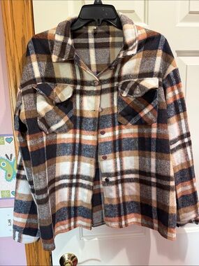Plaid Button-Front Shacket in Brown & Cream